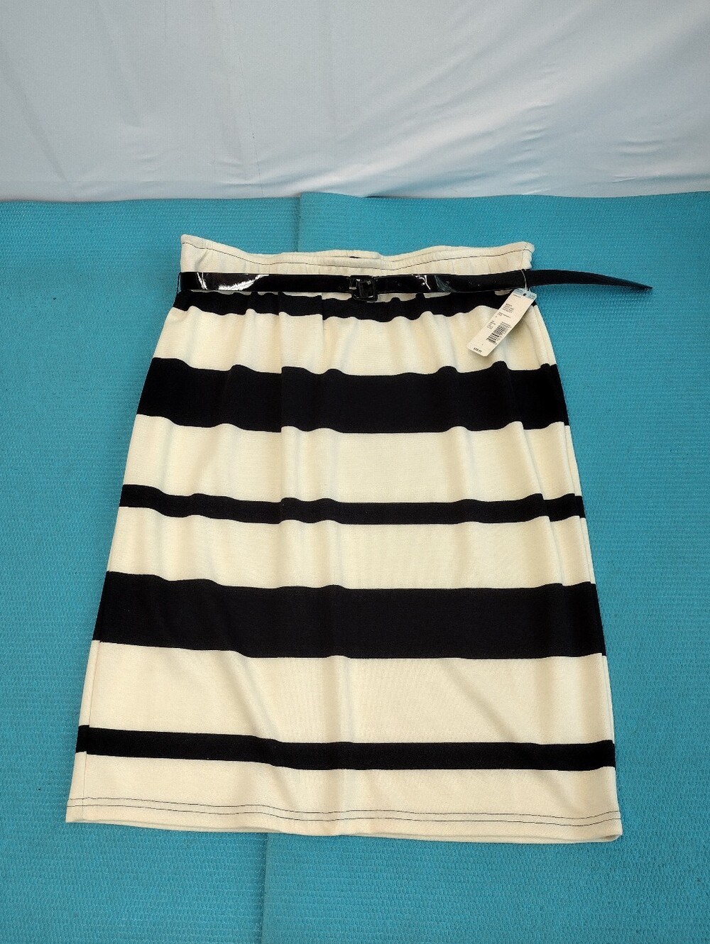 Metaphor Black Ivory Striped Belted Pencil Stretchy Skirt Waistband - L